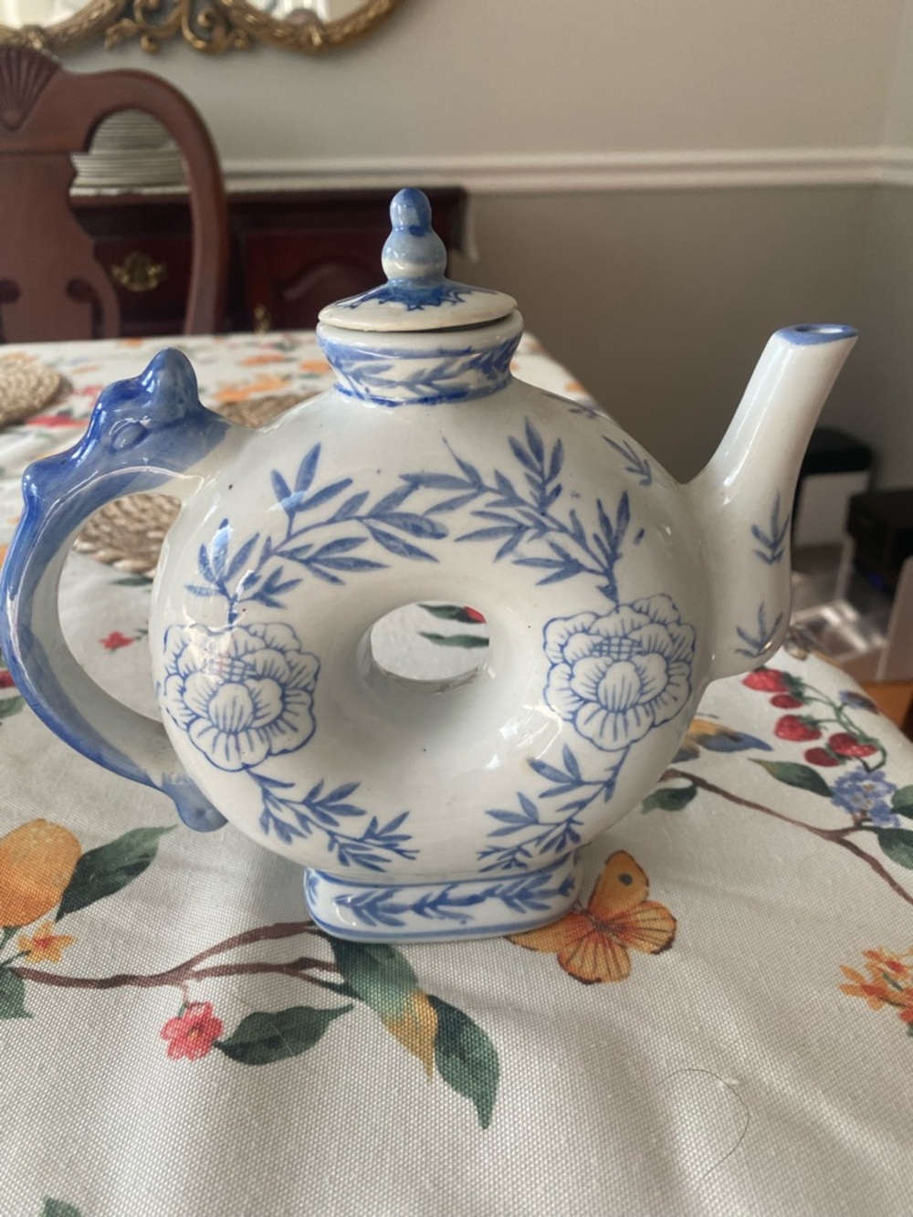 Blue and White Floral Ceramic Donut Teapot - Decorative Home Art